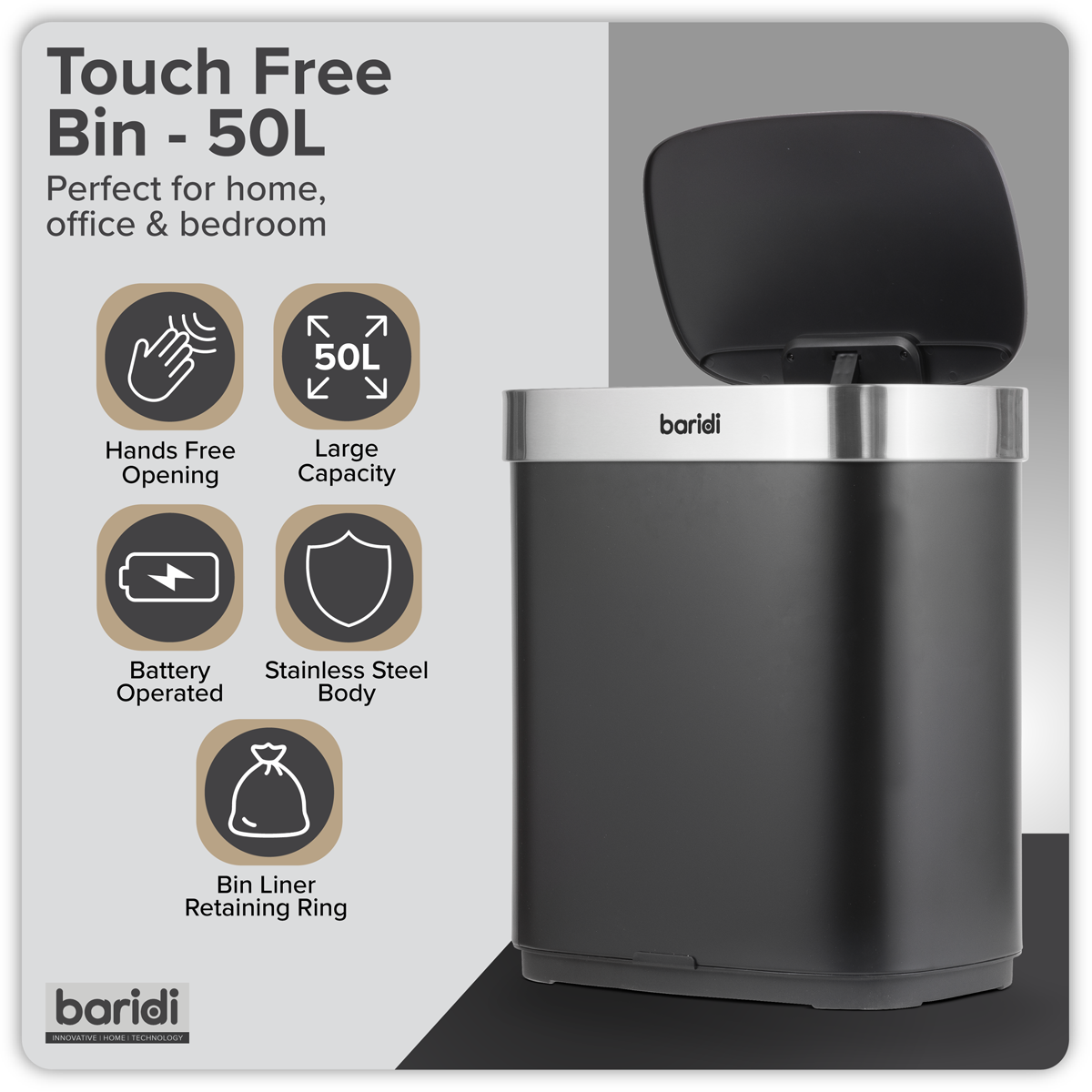 Baridi Sensor Bin, 50L Capacity, Black/Stainless Steel (DH281) (Factory Refurbished B)