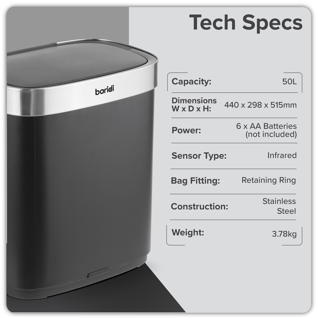 Baridi Sensor Bin, 50L Capacity, Black/Stainless Steel (DH281) (Factory Refurbished A)