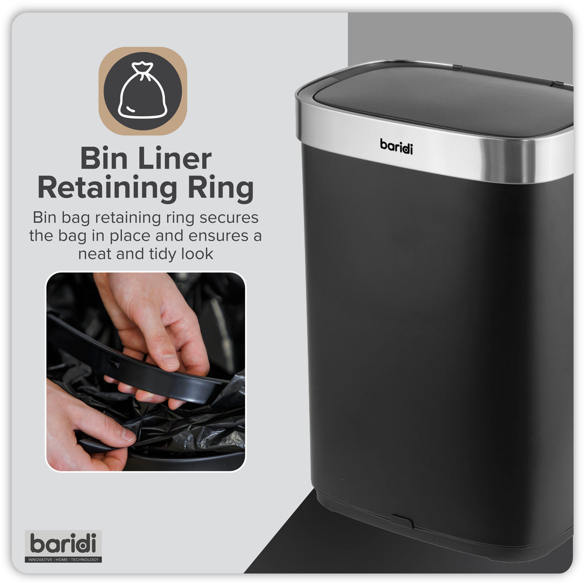 Baridi Sensor Bin, 65L Capacity, Black/Stainless Steel (DH282) (Factory Refurbished B)