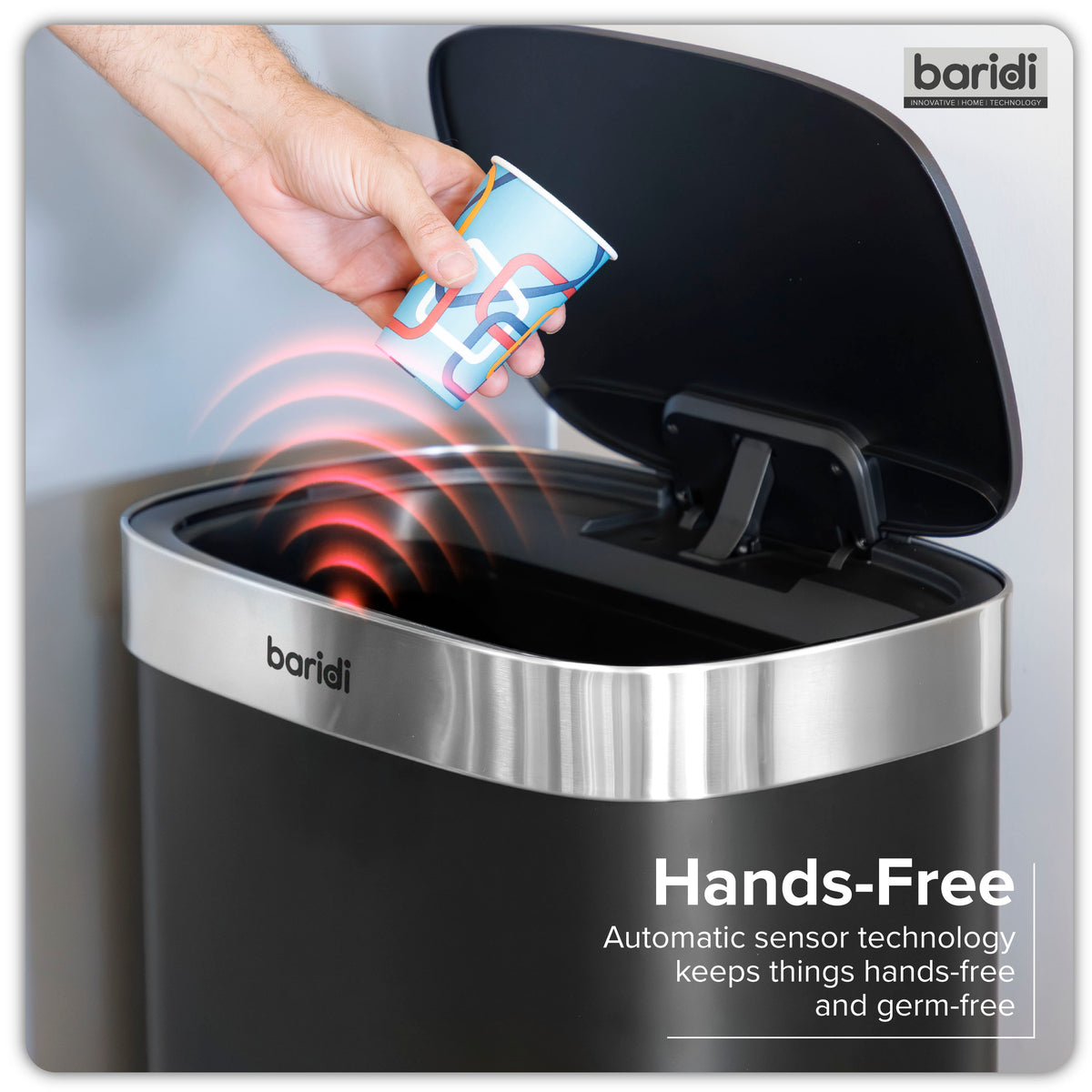 Baridi Sensor Bin, 65L Capacity, Black/Stainless Steel (DH282) (Factory Refurbished B)