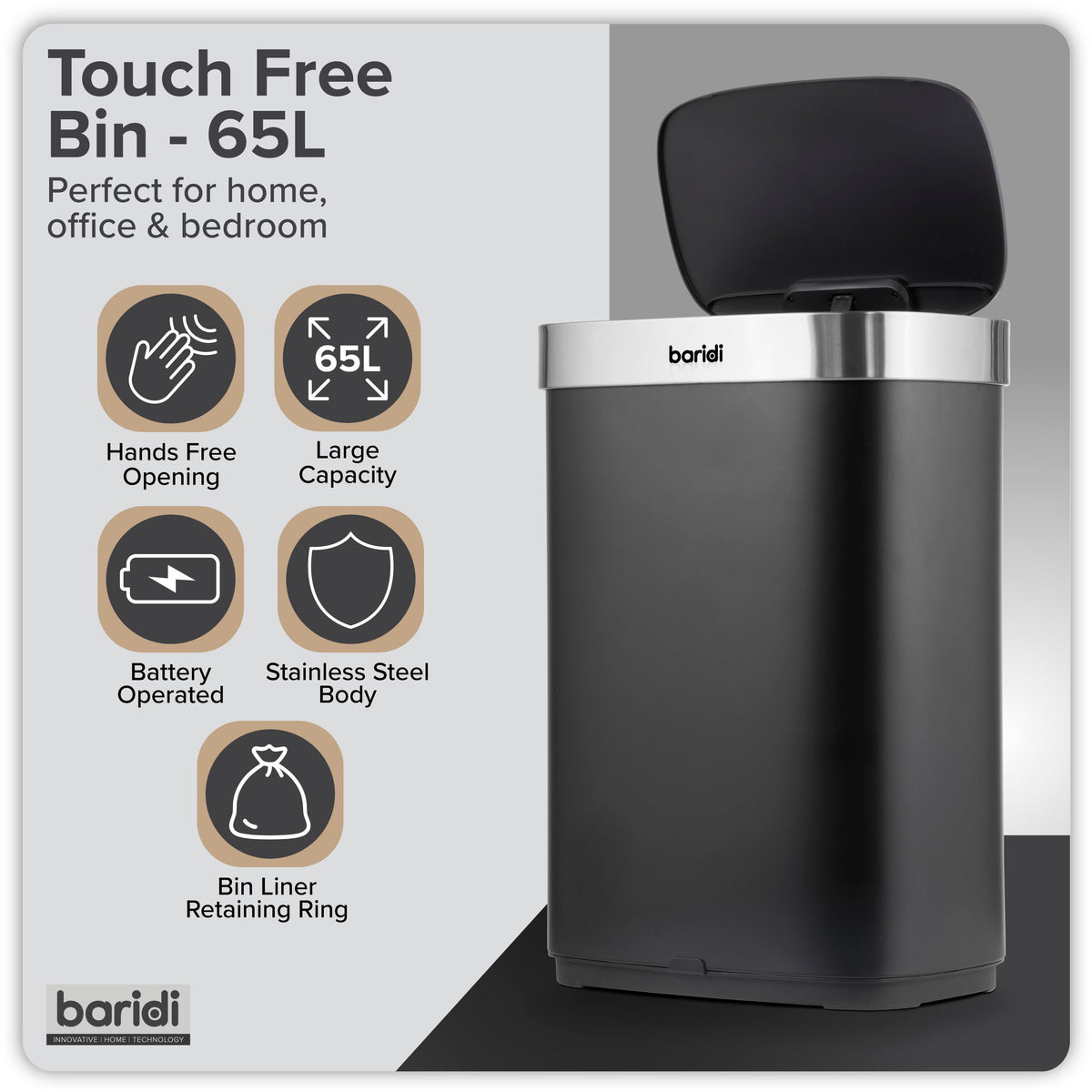 Baridi Sensor Bin, 65L Capacity, Black/Stainless Steel (DH282) (Factory Refurbished B)