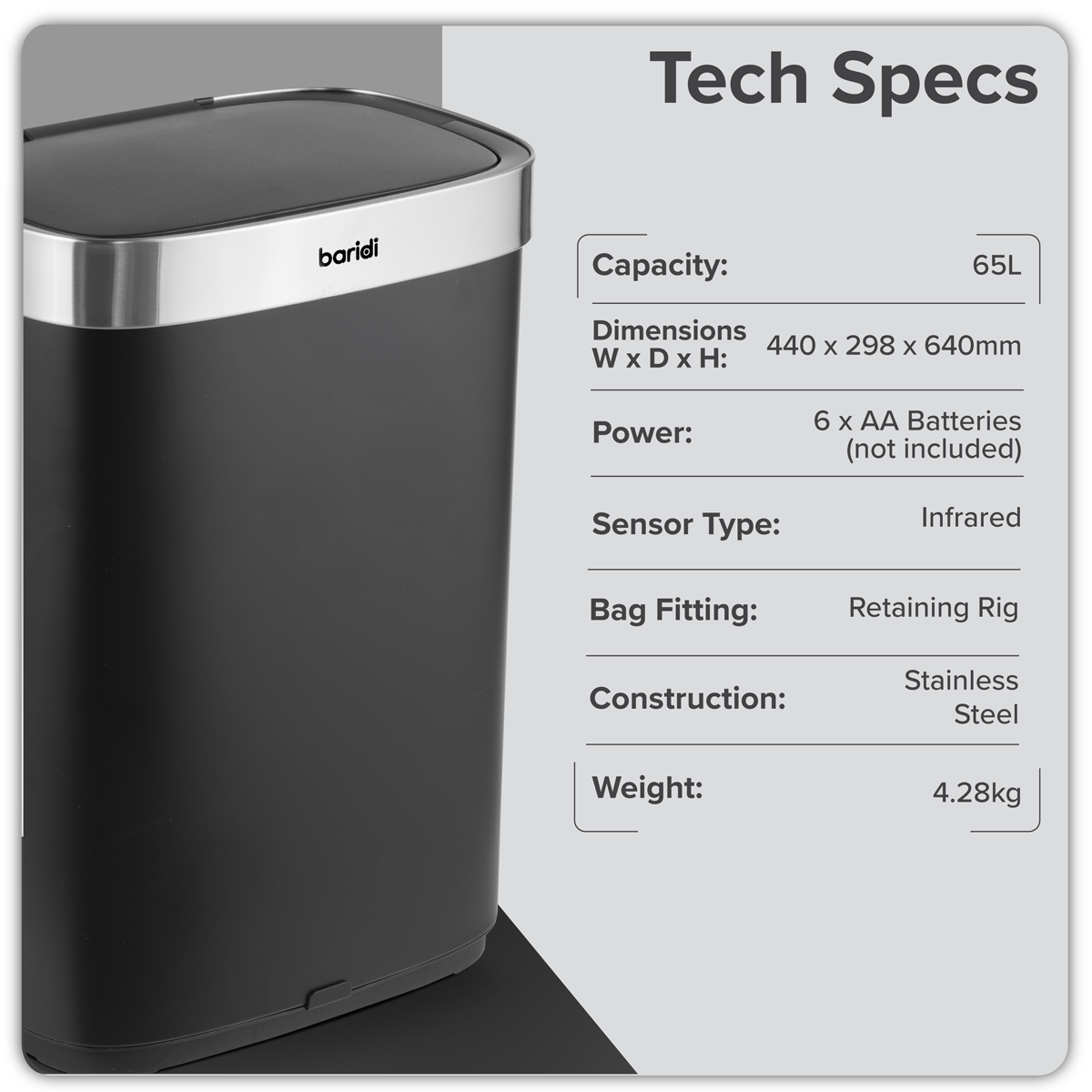 Baridi Sensor Bin, 65L Capacity, Black/Stainless Steel (DH282) (Factory Refurbished A)