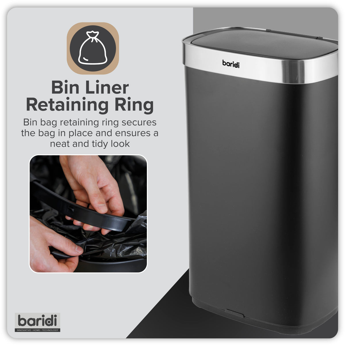Baridi Sensor Bin, 80L Capacity, Black/Stainless Steel (DH283) (Factory Refurbished A)