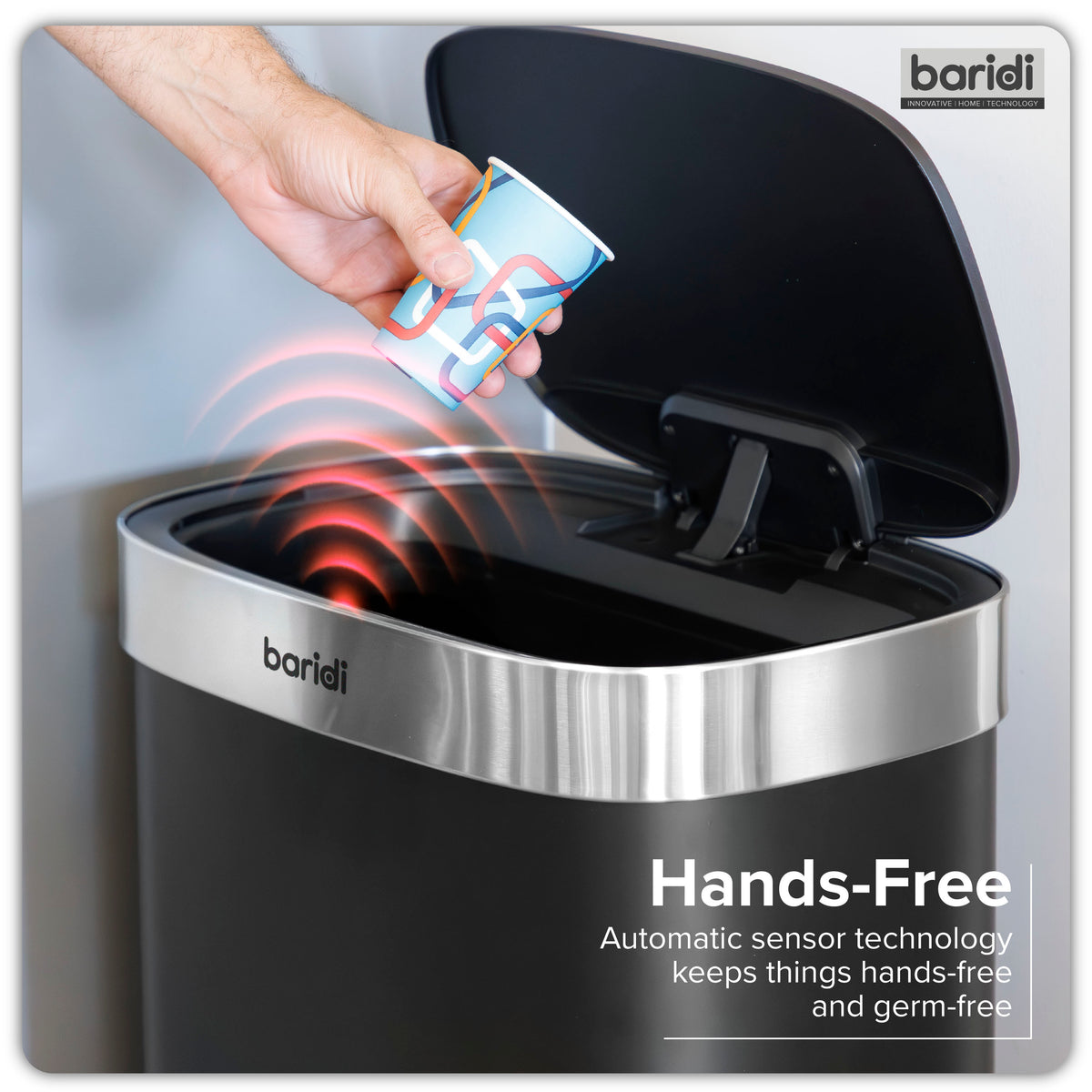 Baridi Sensor Bin, 80L Capacity, Black/Stainless Steel (DH283) (Factory Refurbished A)