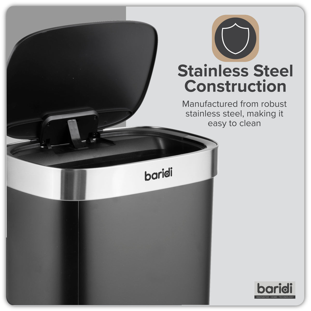 Baridi Sensor Bin, 80L Capacity, Black/Stainless Steel (DH283)