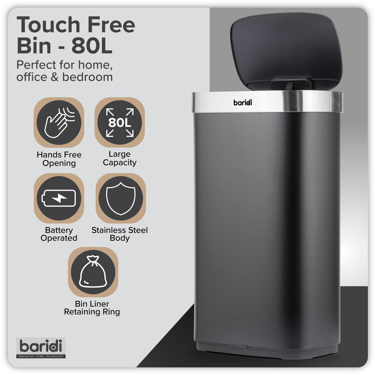 Baridi Sensor Bin, 80L Capacity, Black/Stainless Steel (DH283) (Factory Refurbished A)
