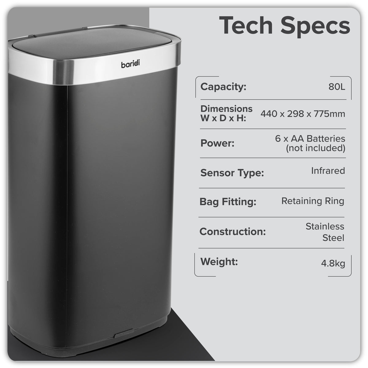 Baridi Sensor Bin, 80L Capacity, Black/Stainless Steel (DH283)