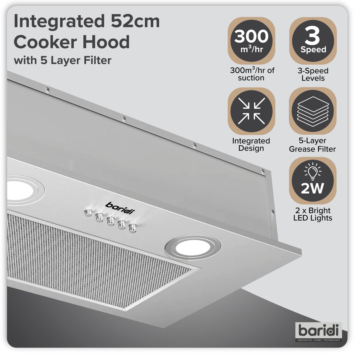 Baridi Built-In Cooker Hood with Filters 52cm, Stainless Steel (DH284) (Factory Refurbished A)