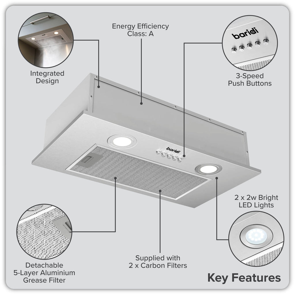 Baridi Built-In Cooker Hood with Filters 52cm, Stainless Steel (DH284)