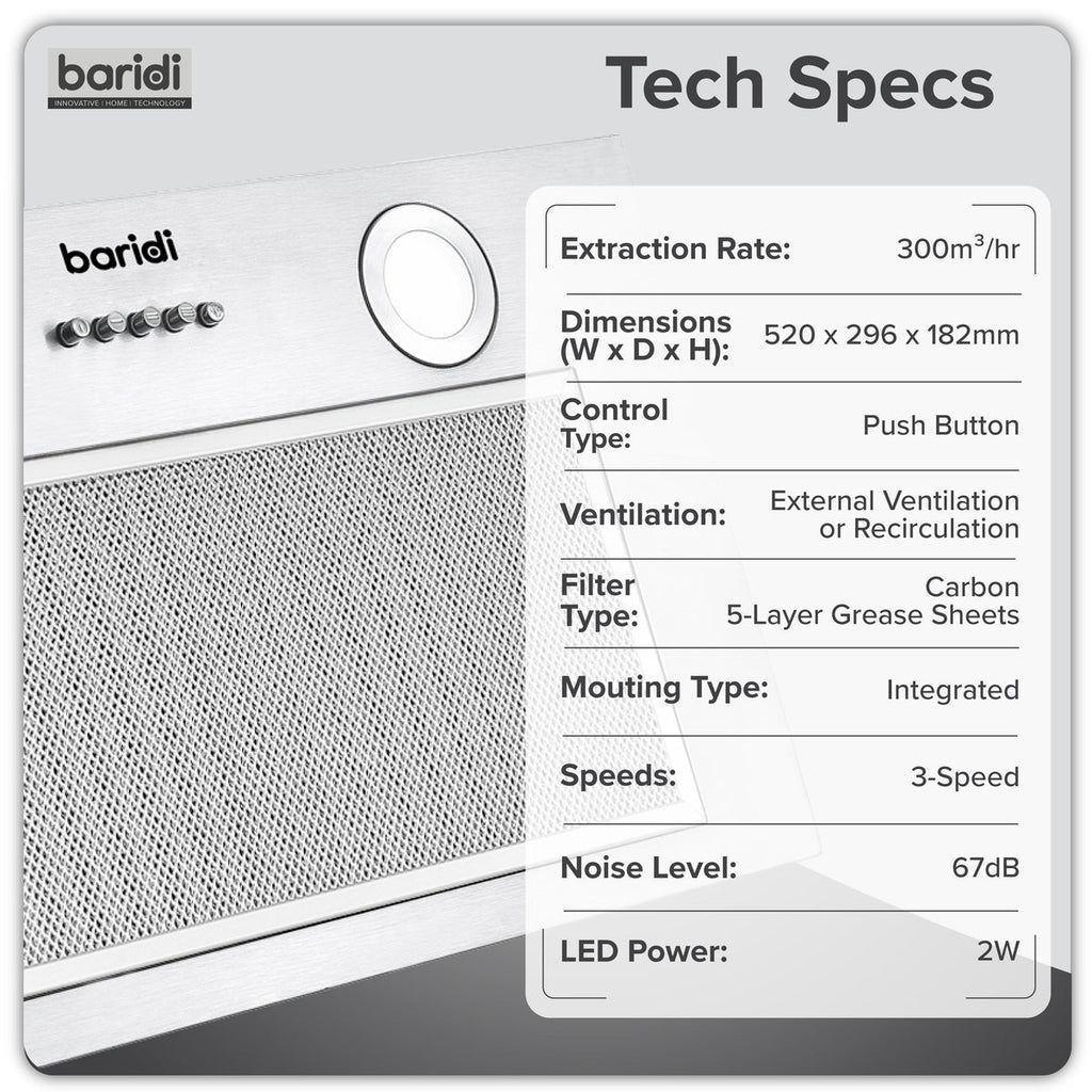 Baridi Built-In Cooker Hood with Filters 52cm, Stainless Steel (DH284)
