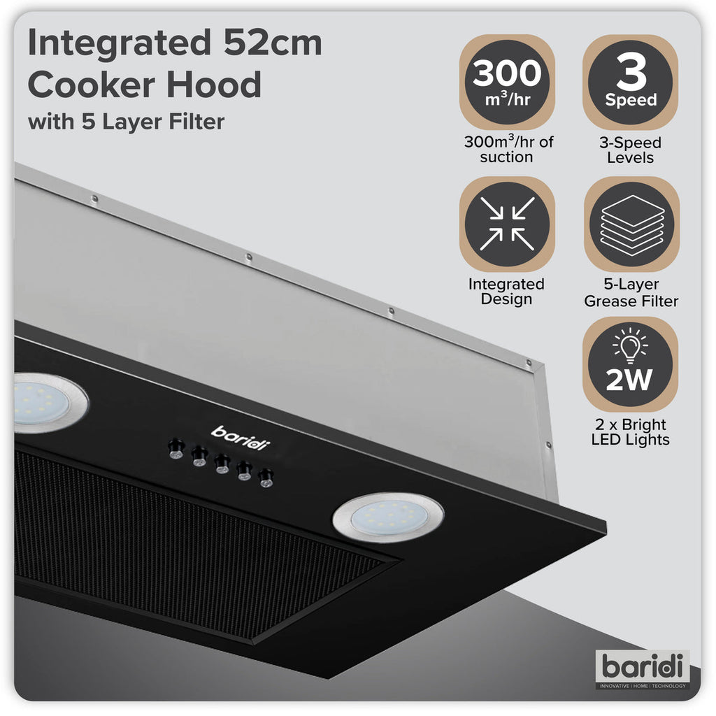Baridi Built-In Cooker Hood with Filters 52cm, Black (DH285)