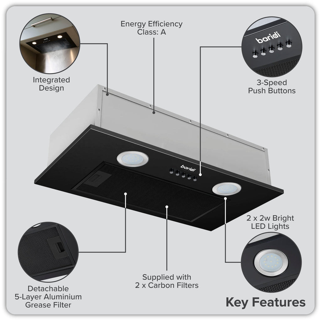 Baridi Built-In Cooker Hood with Filters 52cm, Black (DH285)