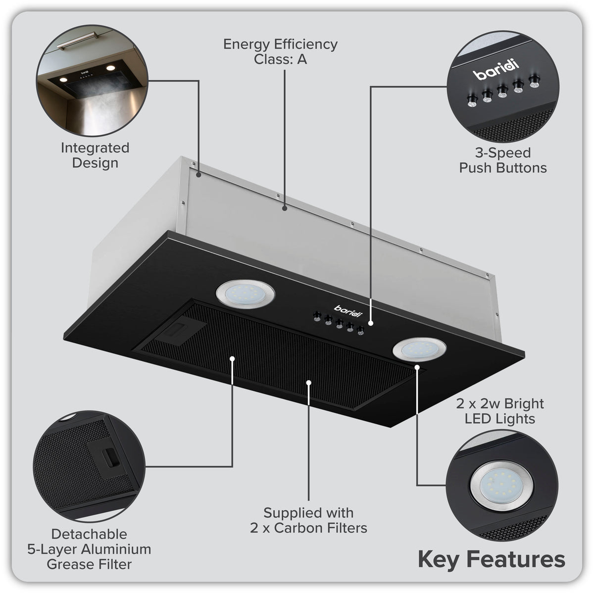 Baridi Built-In Cooker Hood with Filters 52cm, Black (DH285)