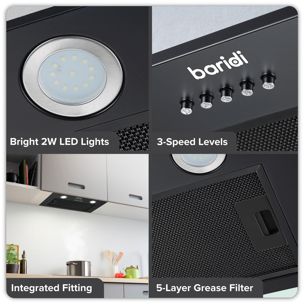 Baridi Built-In Cooker Hood with Filters 52cm, Black (DH285)