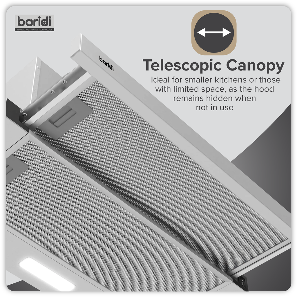 Baridi Telescopic Cooker Hood with Aluminium Filters 60cm - Stainless Steel