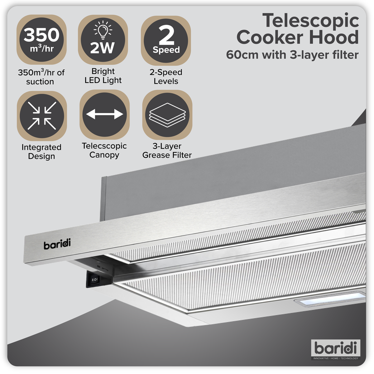 Baridi Telescopic Cooker Hood with Aluminium Filters 60cm - Stainless Steel