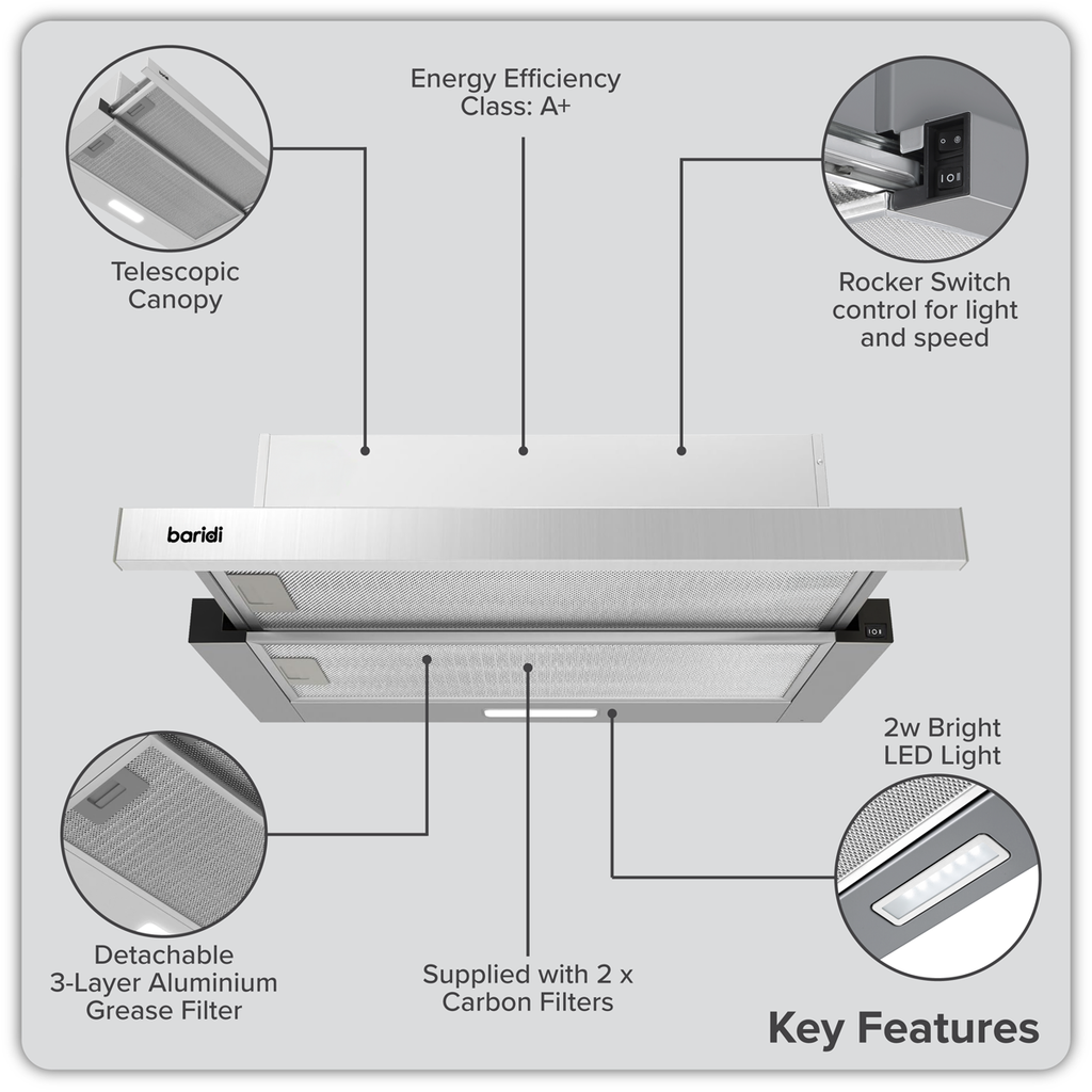 Baridi Telescopic Cooker Hood with Aluminium Filters 60cm - Stainless Steel