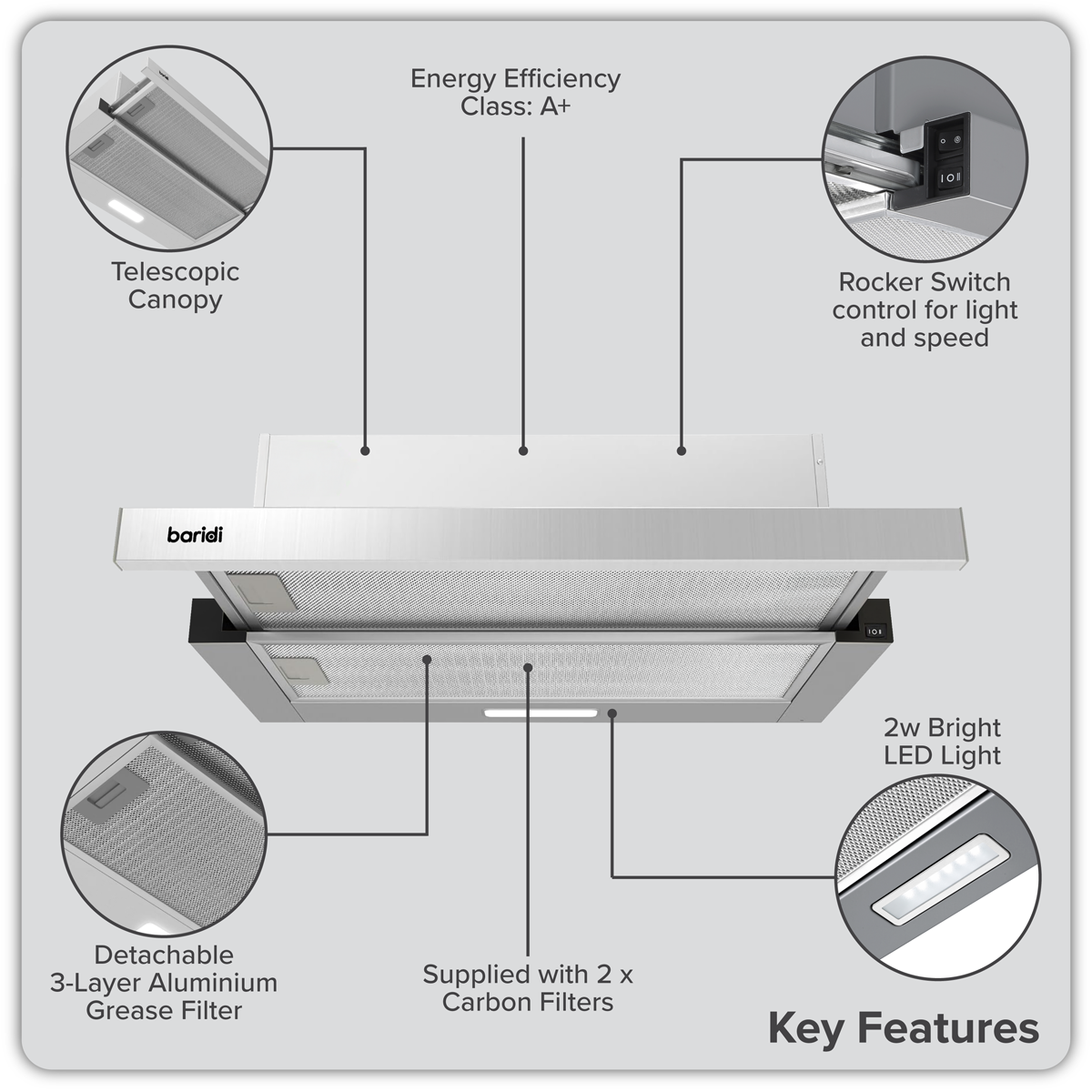 Baridi Telescopic Cooker Hood with Aluminium Filters 60cm - Stainless Steel
