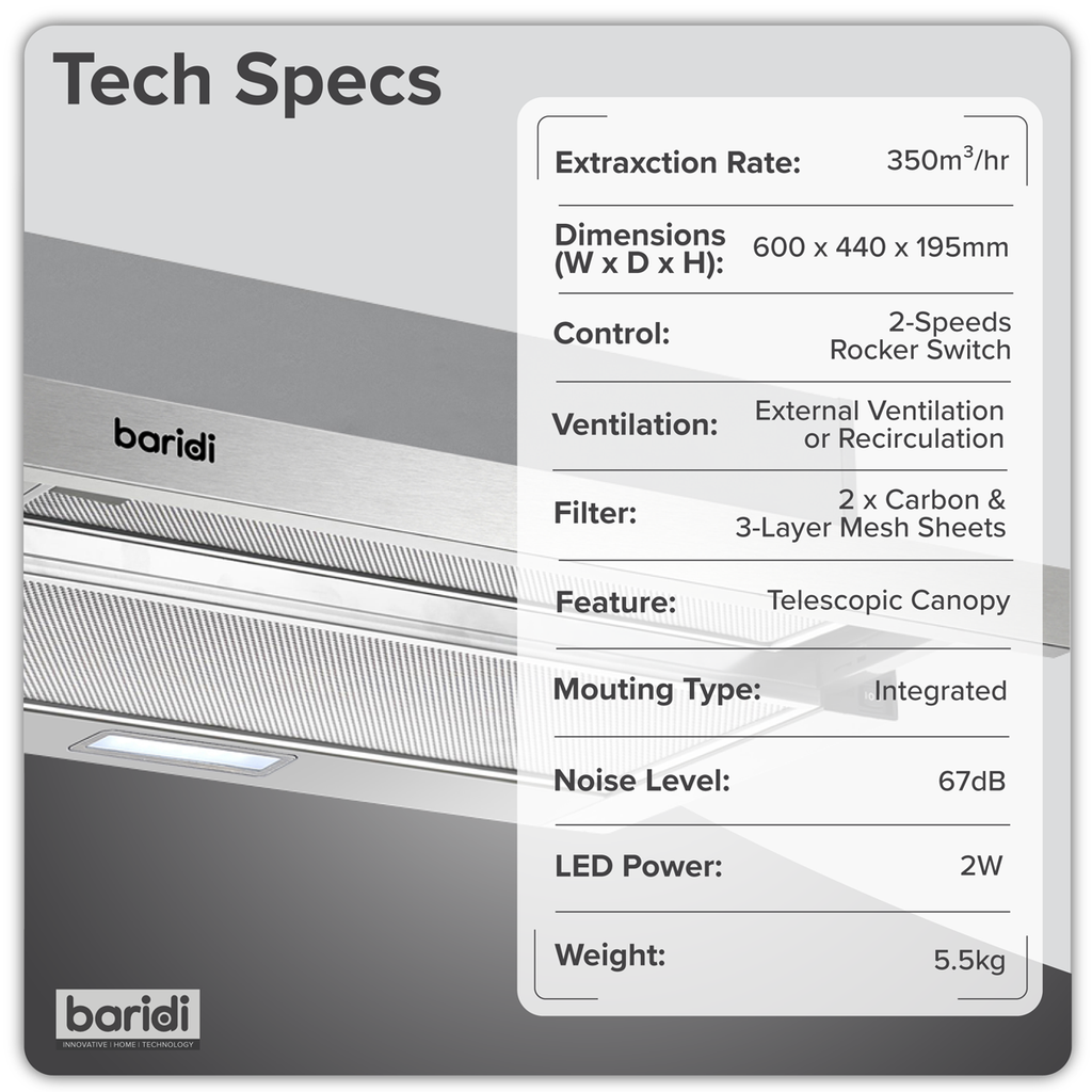 Baridi Telescopic Cooker Hood with Aluminium Filters 60cm - Stainless Steel