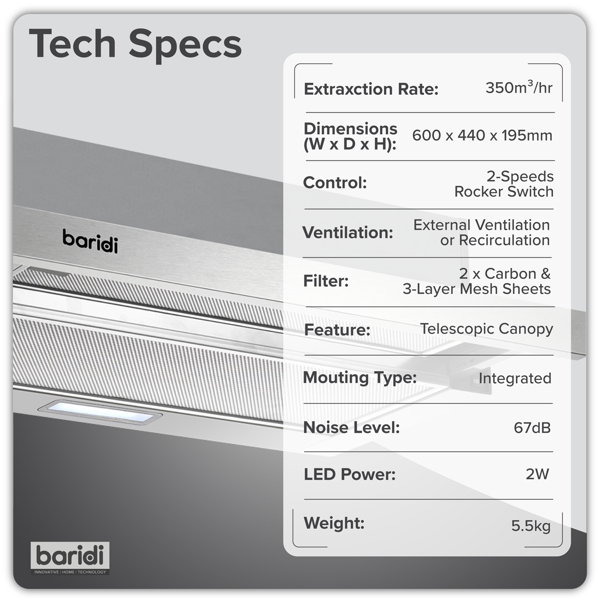 Baridi Telescopic Cooker Hood with Aluminium Filters 60cm - Stainless Steel