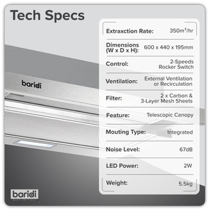 Baridi Telescopic Cooker Hood with Aluminium Filters 60cm - Stainless Steel
