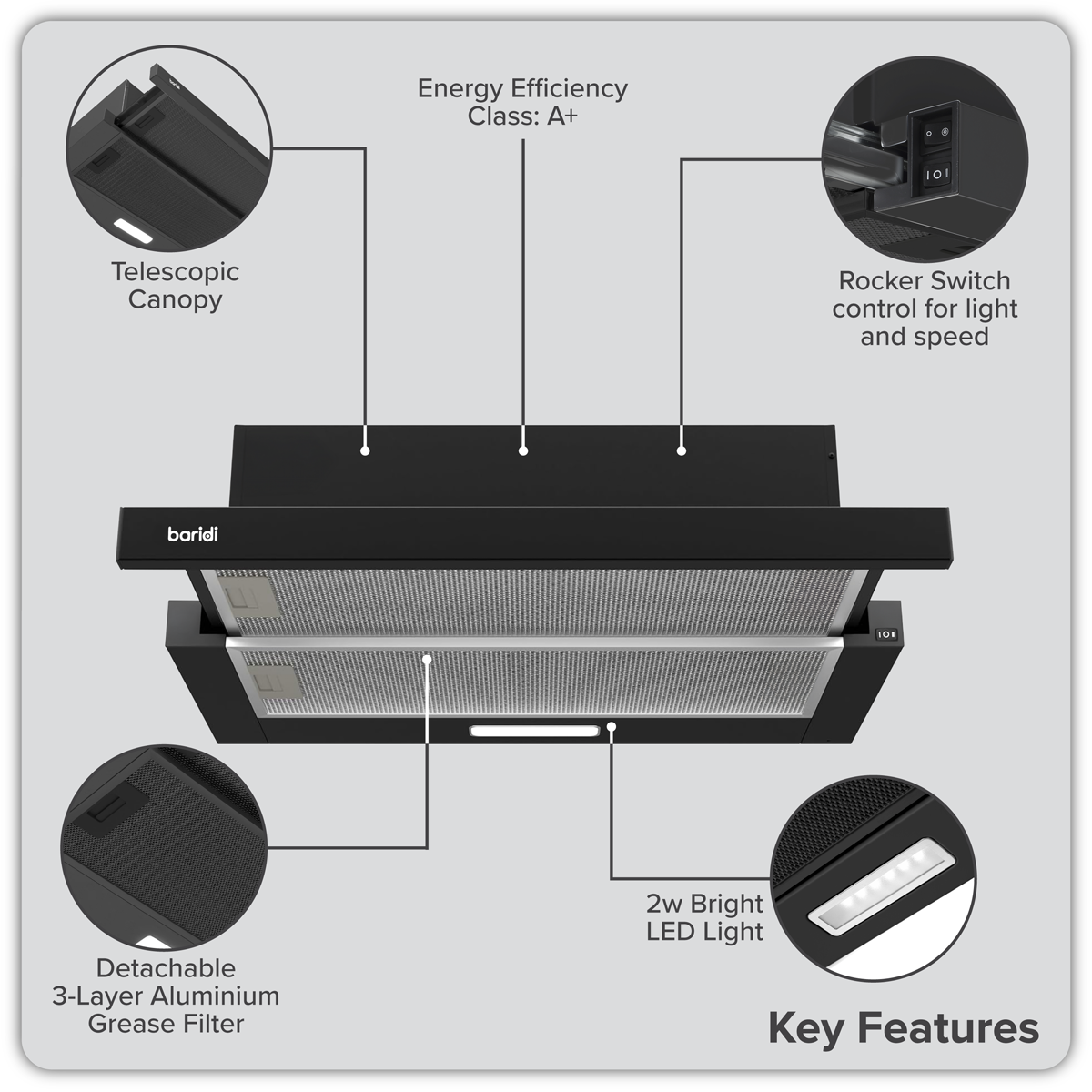 Baridi Telescopic Cooker Hood with Aluminium Filters 60cm - Black