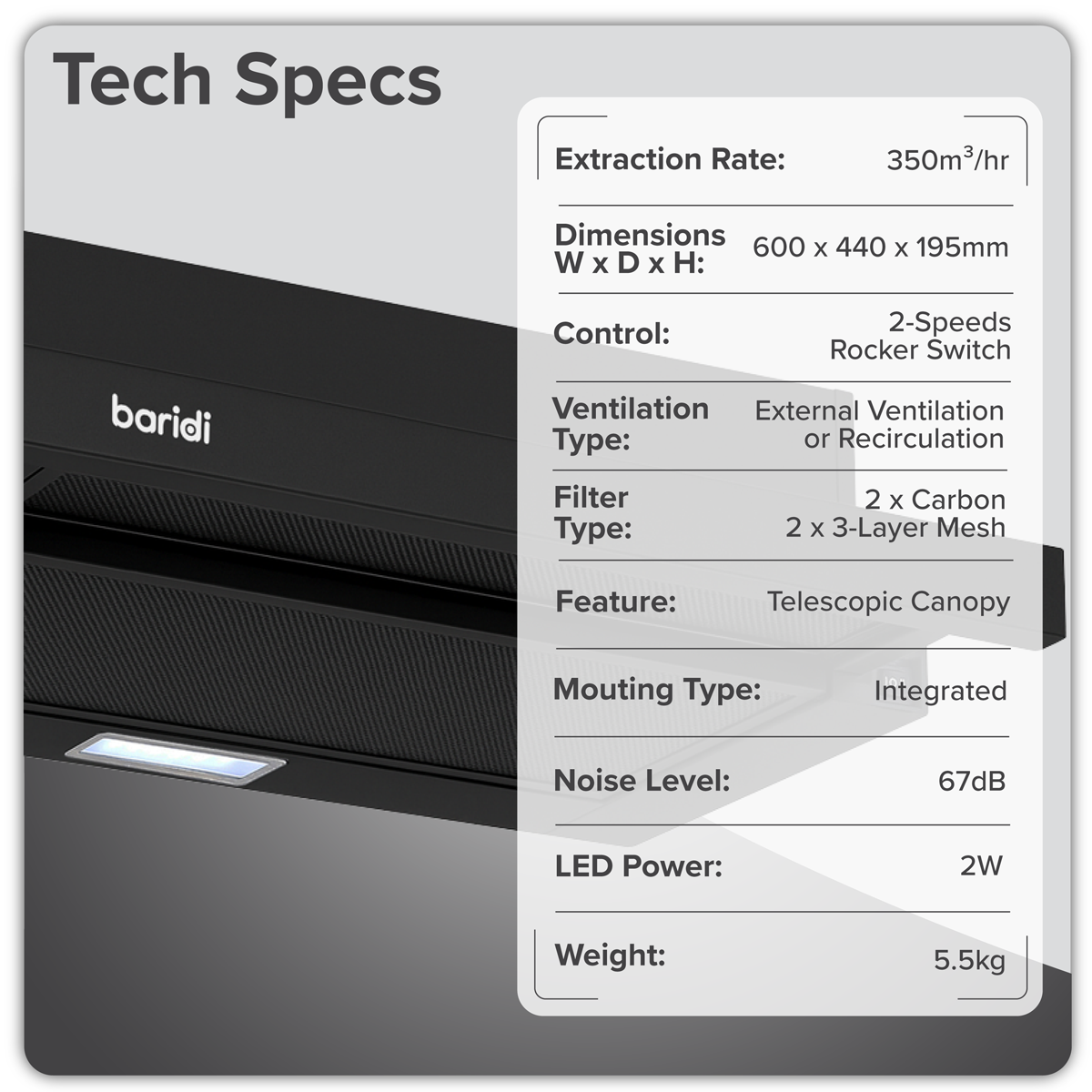 Baridi Telescopic Cooker Hood with Aluminium Filters 60cm - Black