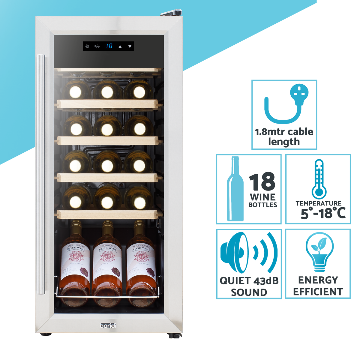 Baridi Wine Cooler Fridge, 18 Bottle, Stainless Steel (DH29) (Factory Refurbished B)