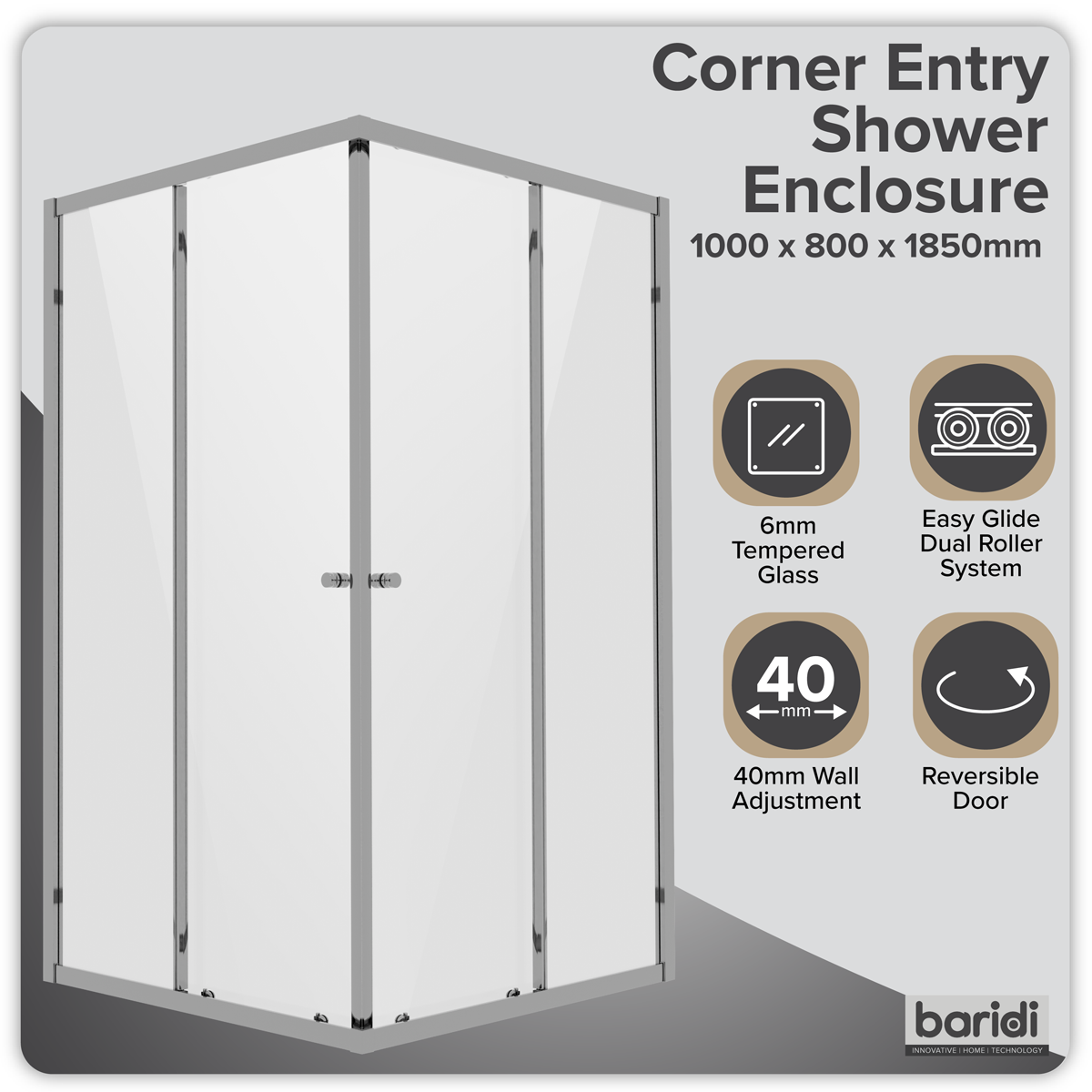 Corner Shower Entry Enclosure 1000 x 800 x 1850mm with 6mm Tempered Glass - Chrome