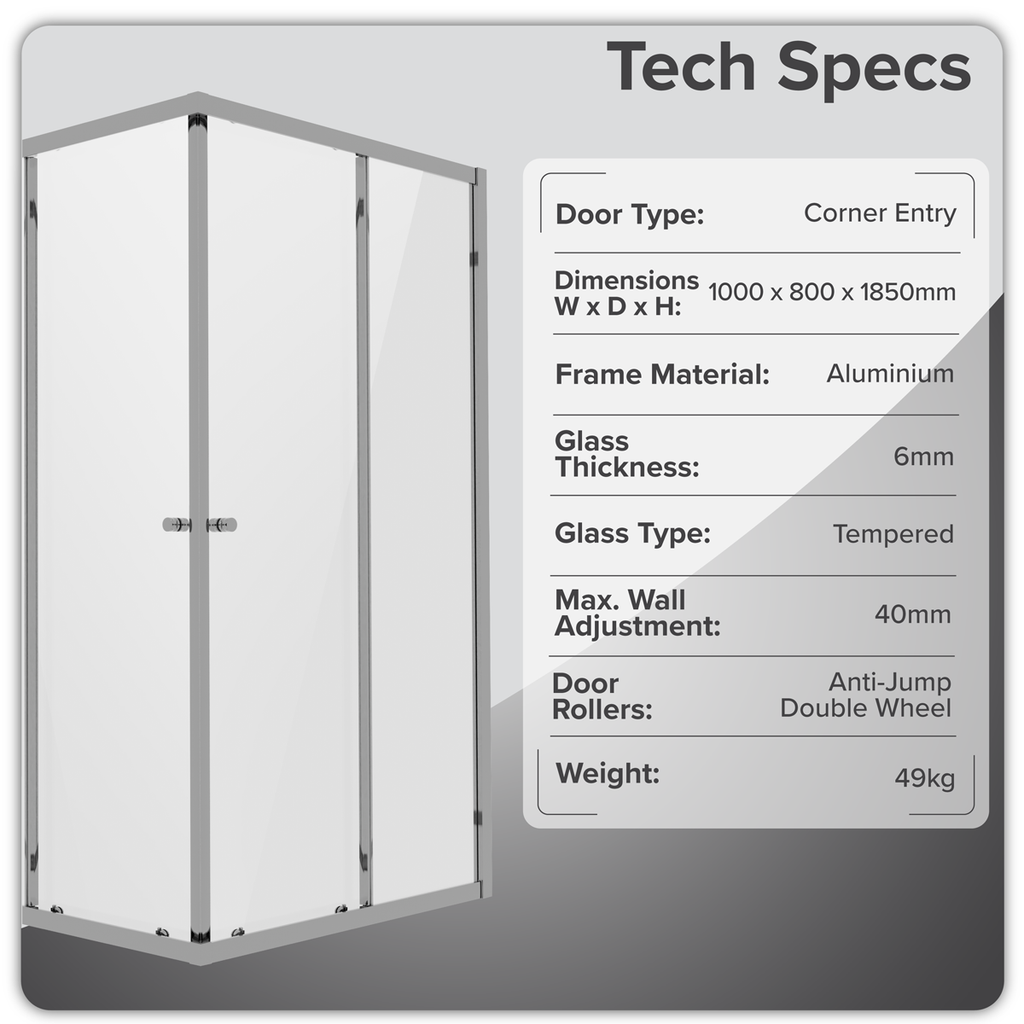 Corner Shower Entry Enclosure 1000 x 800 x 1850mm with 6mm Tempered Glass - Chrome