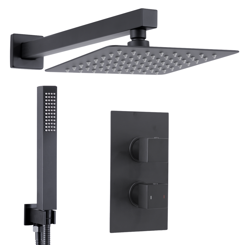 Concealed Thermostatic Shower Set 20 x 20cm Square Head & Hand Shower - Black
