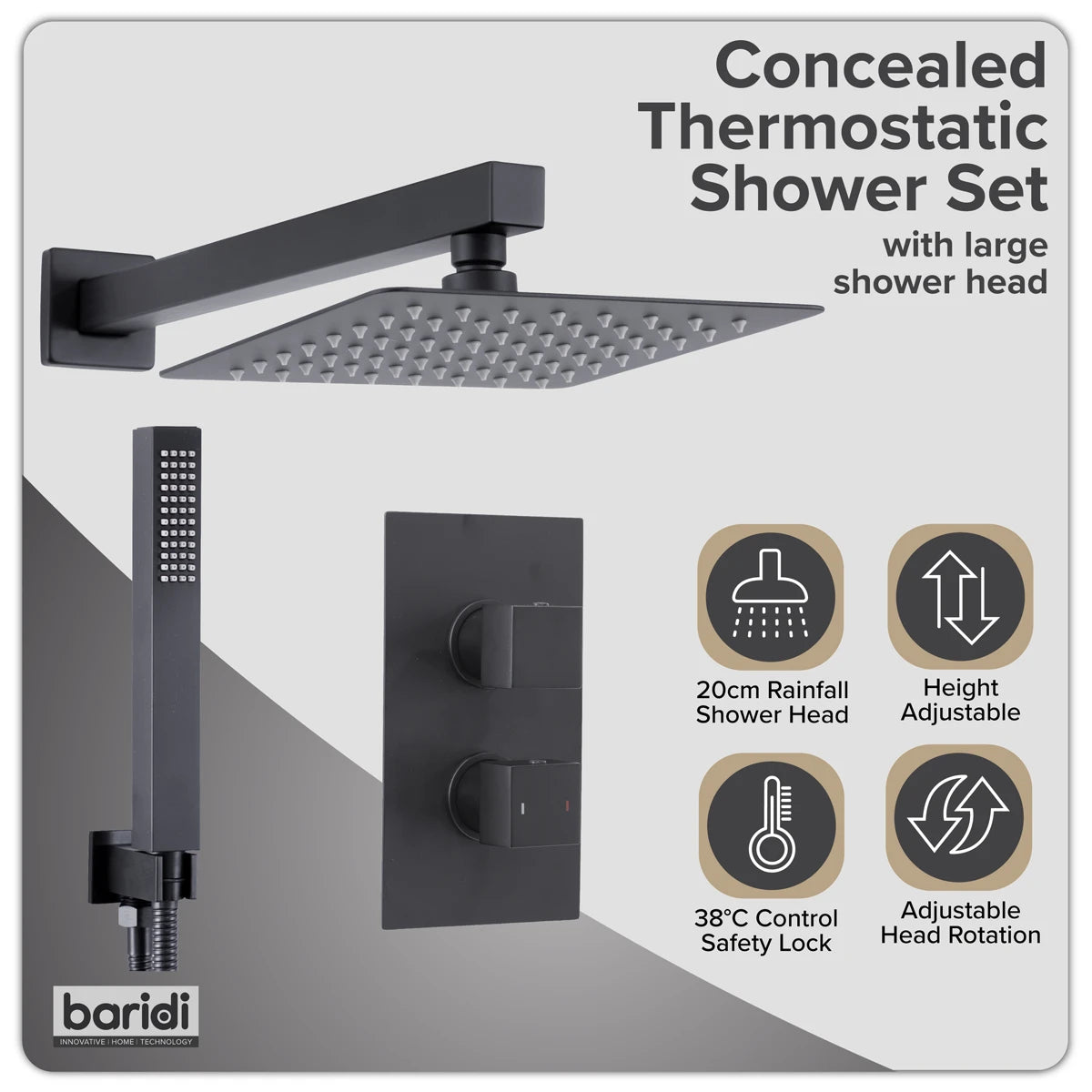 Concealed Thermostatic Shower Set 20 x 20cm Square Head & Hand Shower - Black