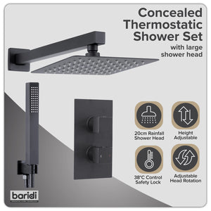 Concealed Thermostatic Shower Set 20 x 20cm Square Head & Hand Shower - Black