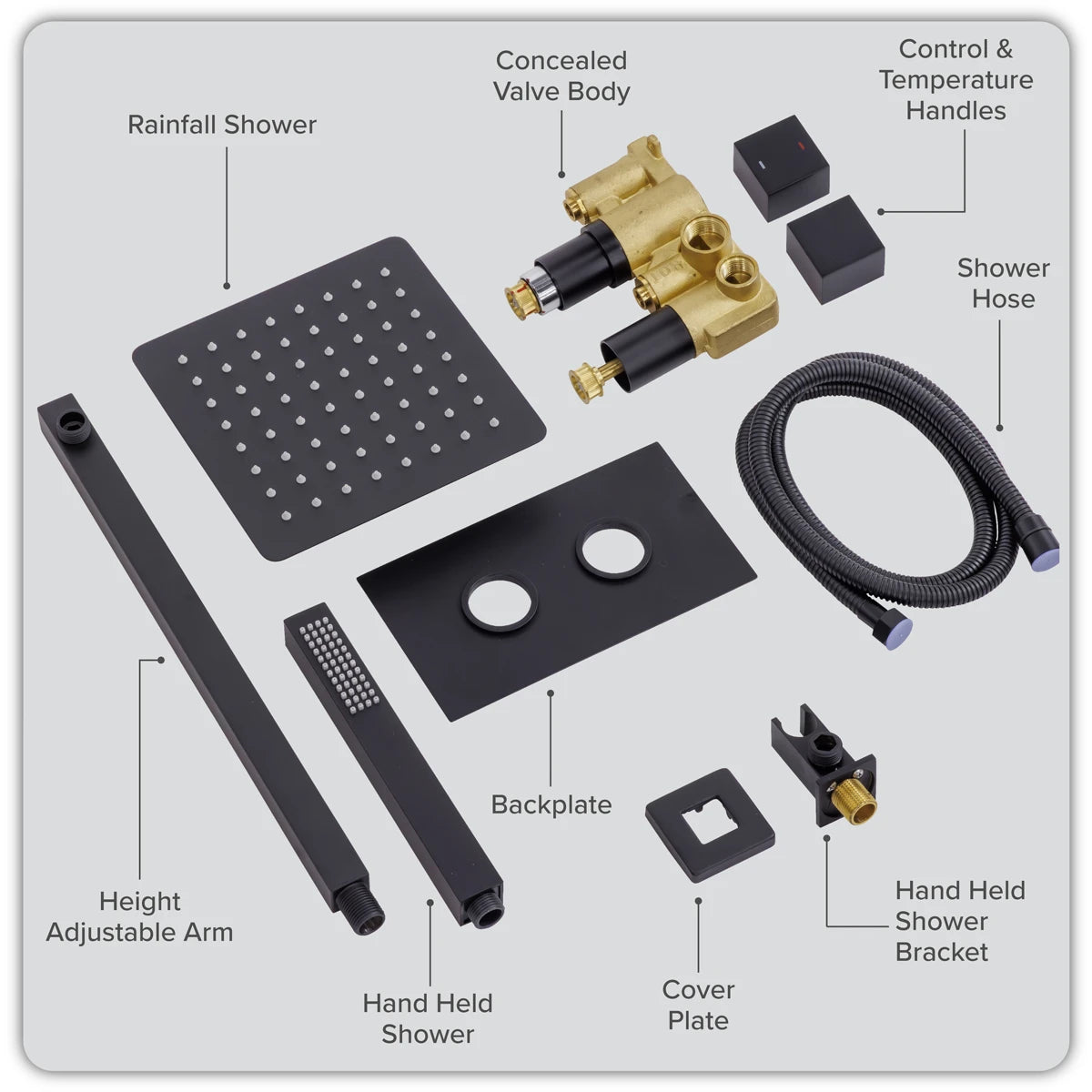 Concealed Thermostatic Shower Set 20 x 20cm Square Head & Hand Shower - Black
