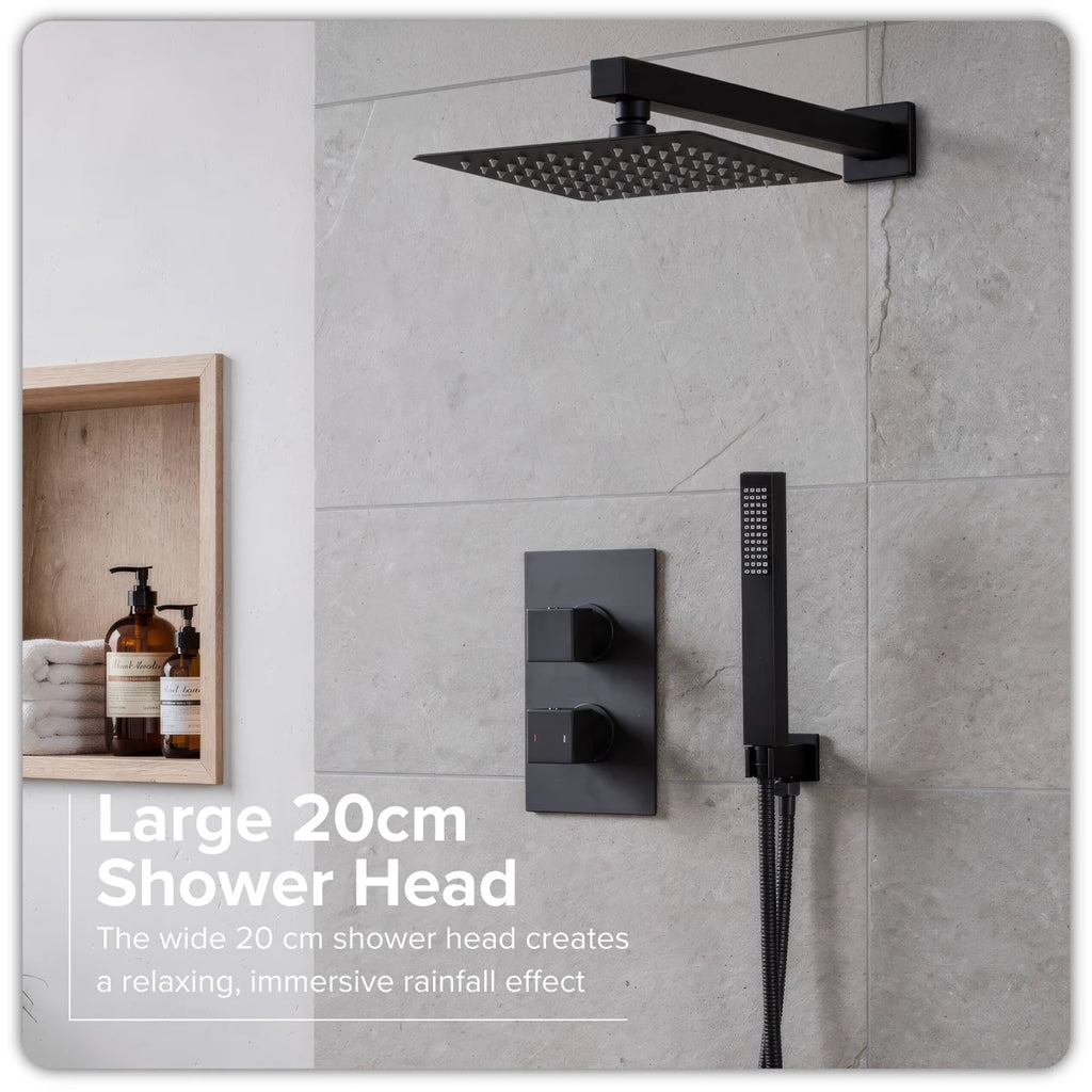Concealed Thermostatic Shower Set 20 x 20cm Square Head & Hand Shower - Black