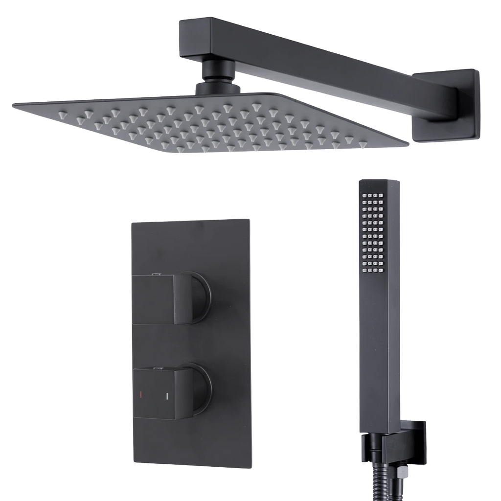Concealed Thermostatic Shower Set 20 x 20cm Square Head & Hand Shower - Black