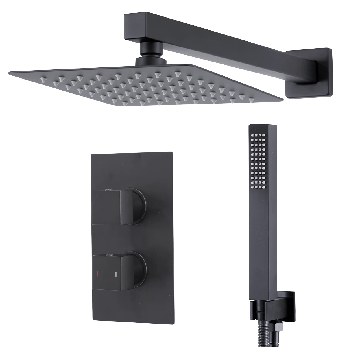Concealed Thermostatic Shower Set 20 x 20cm Square Head & Hand Shower - Black