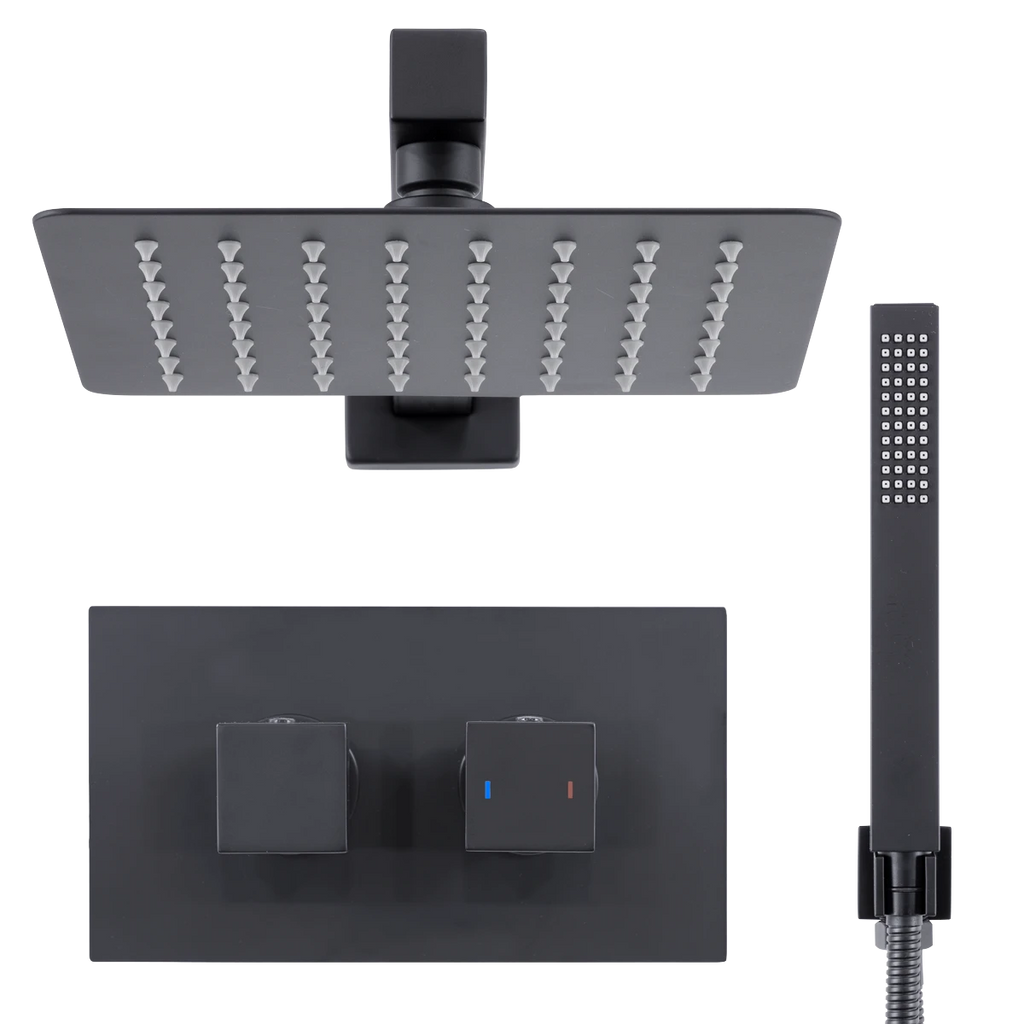 Concealed Thermostatic Shower Set 20 x 20cm Square Head & Hand Shower - Black