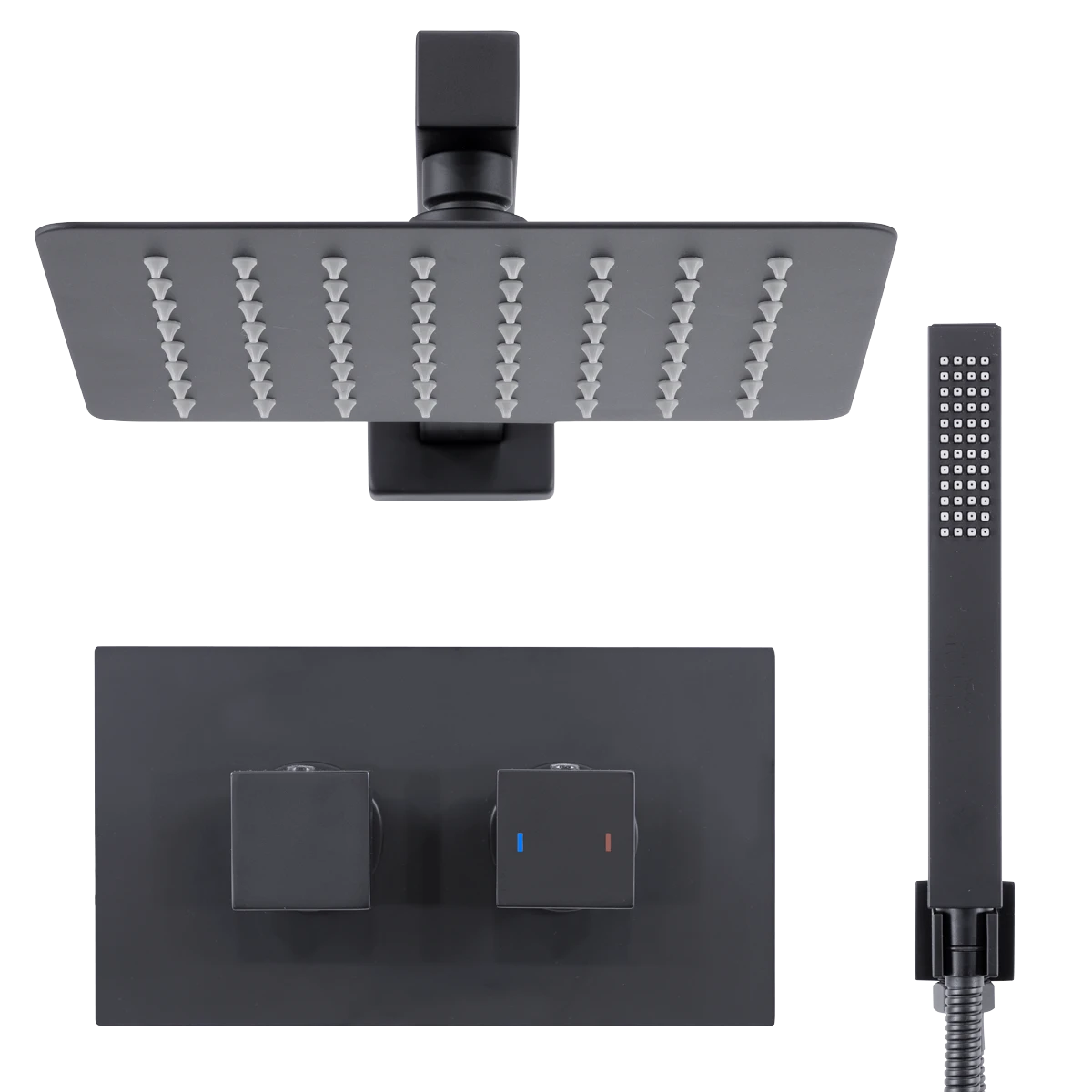 Concealed Thermostatic Shower Set 20 x 20cm Square Head & Hand Shower - Black