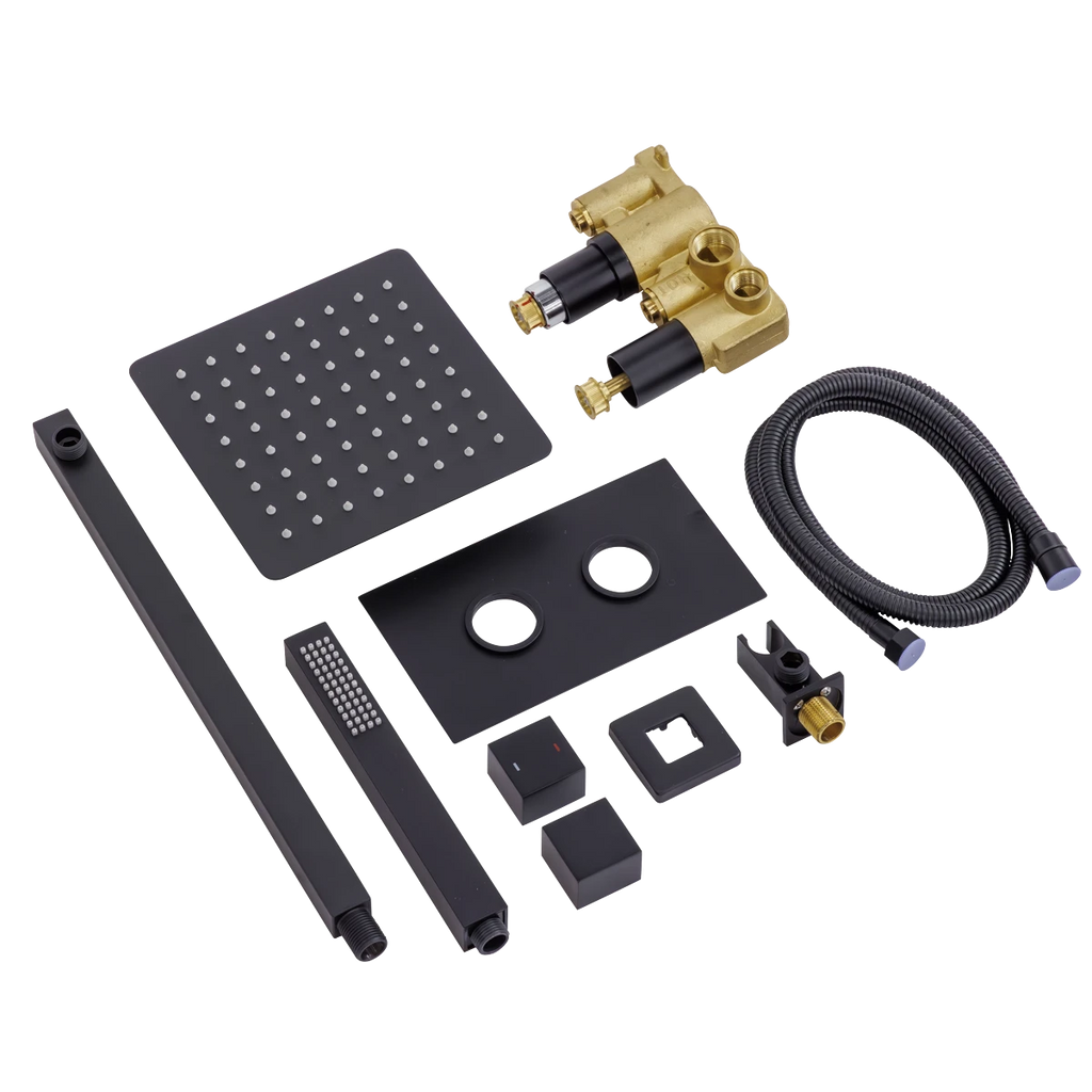Concealed Thermostatic Shower Set 20 x 20cm Square Head & Hand Shower - Black