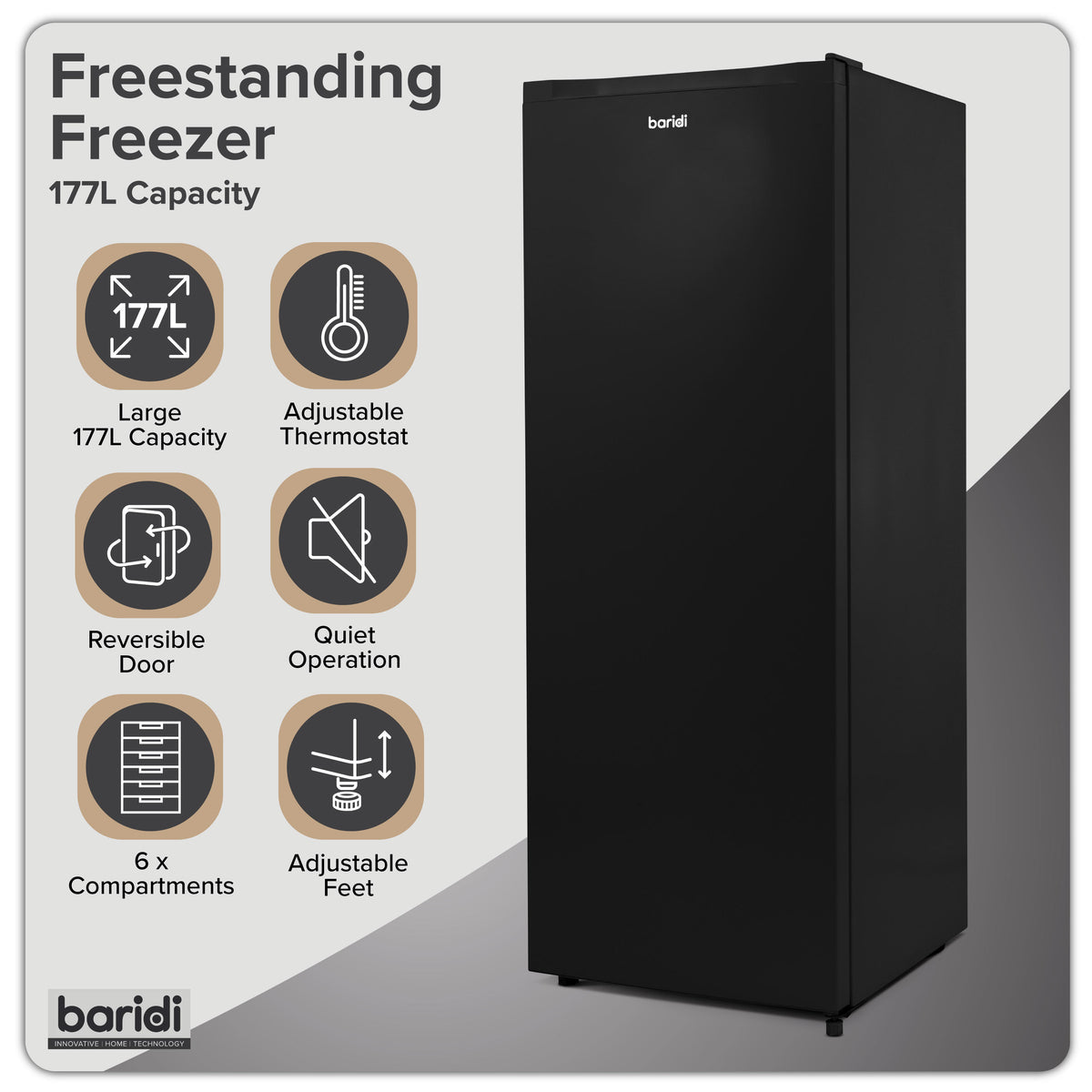 Baridi Freestanding Tall Freezer 177L Capacity – Black
