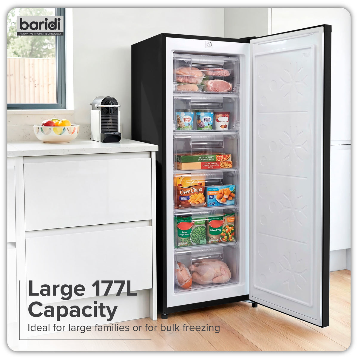 Baridi Freestanding Tall Freezer 177L Capacity – Black