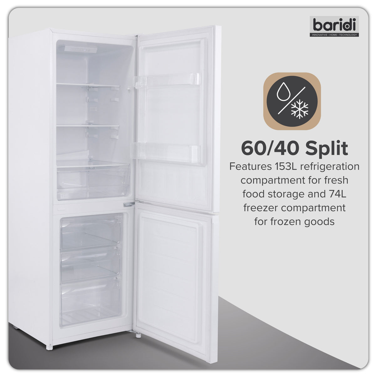 Baridi  60/40 Smart Frost Fridge Freezer 227L Capacity – White