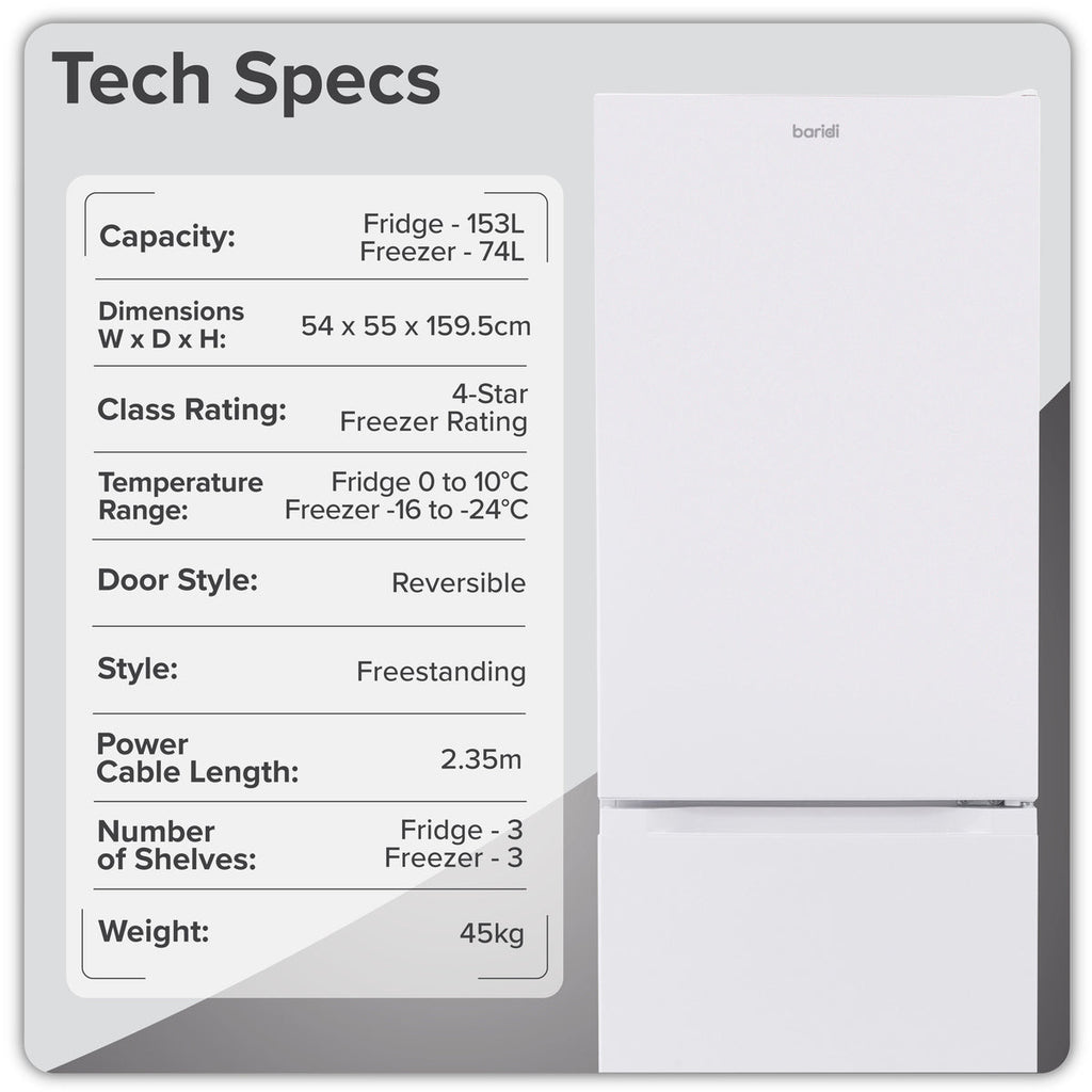 Baridi  60/40 Smart Frost Fridge Freezer 227L Capacity – White