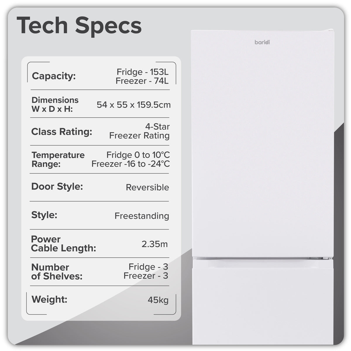 Baridi  60/40 Smart Frost Fridge Freezer 227L Capacity – White