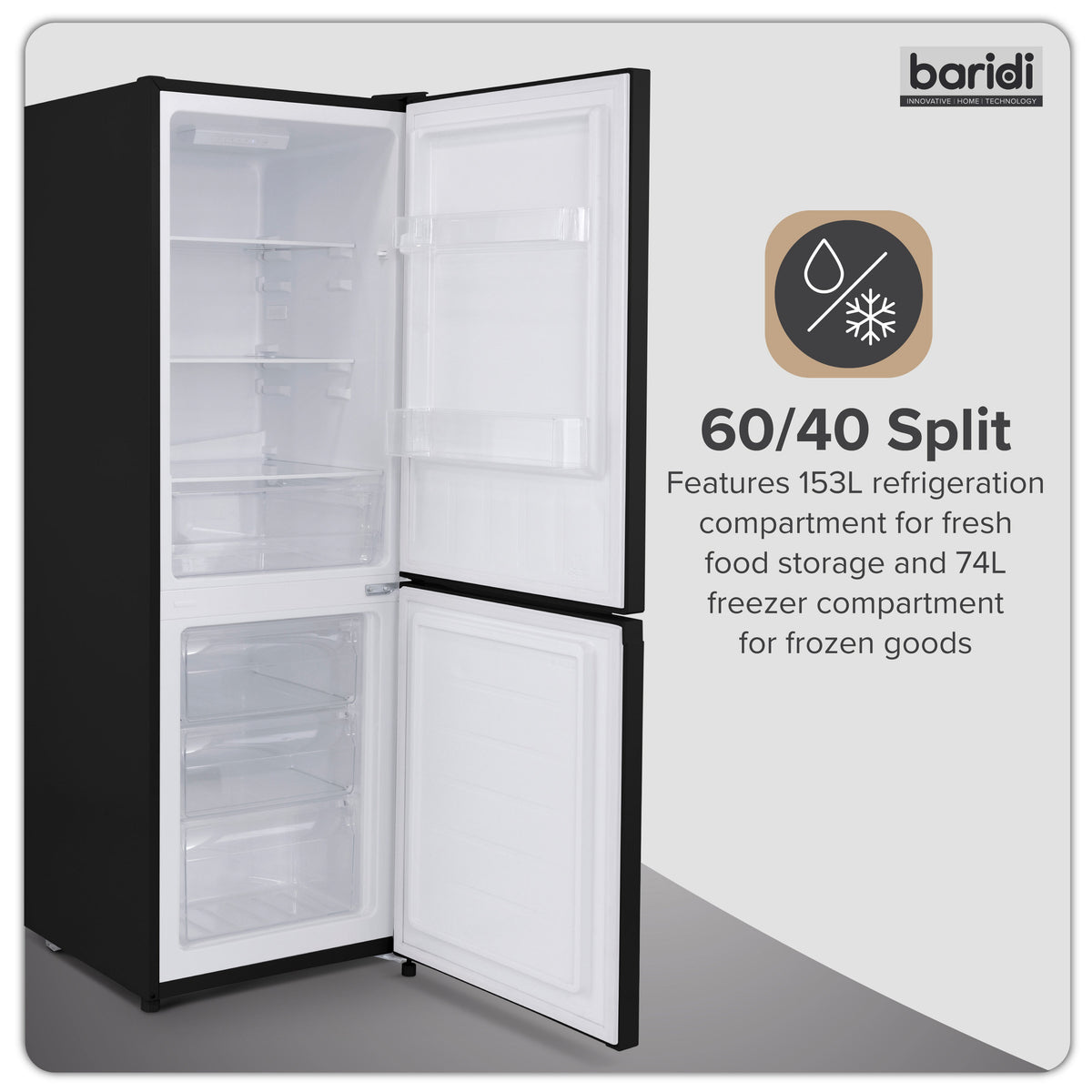 Baridi  60/40 Smart Frost Fridge Freezer, 227L Capacity, Black (DH327)