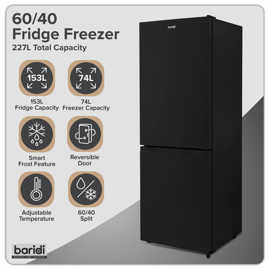 Baridi  60/40 Smart Frost Fridge Freezer, 227L Capacity, Black (DH327)