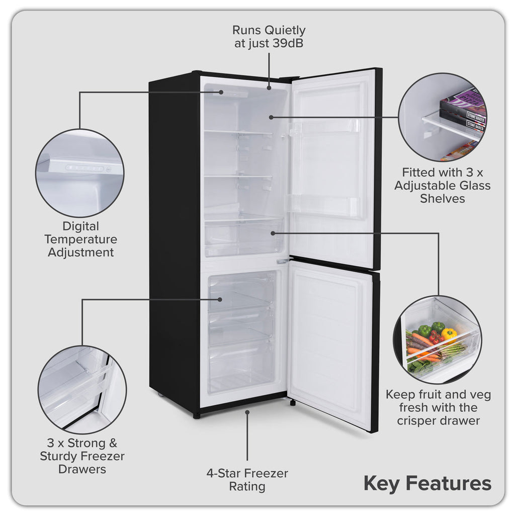 Baridi  60/40 Smart Frost Fridge Freezer, 227L Capacity, Black (DH327)