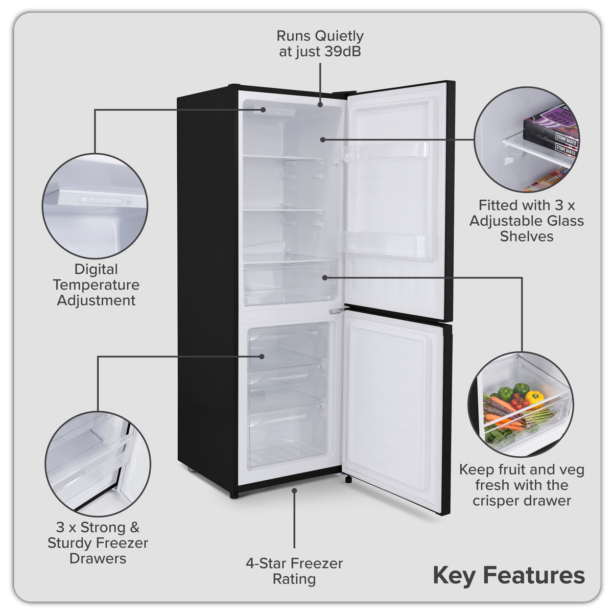 Baridi  60/40 Smart Frost Fridge Freezer, 227L Capacity, Black (DH327)