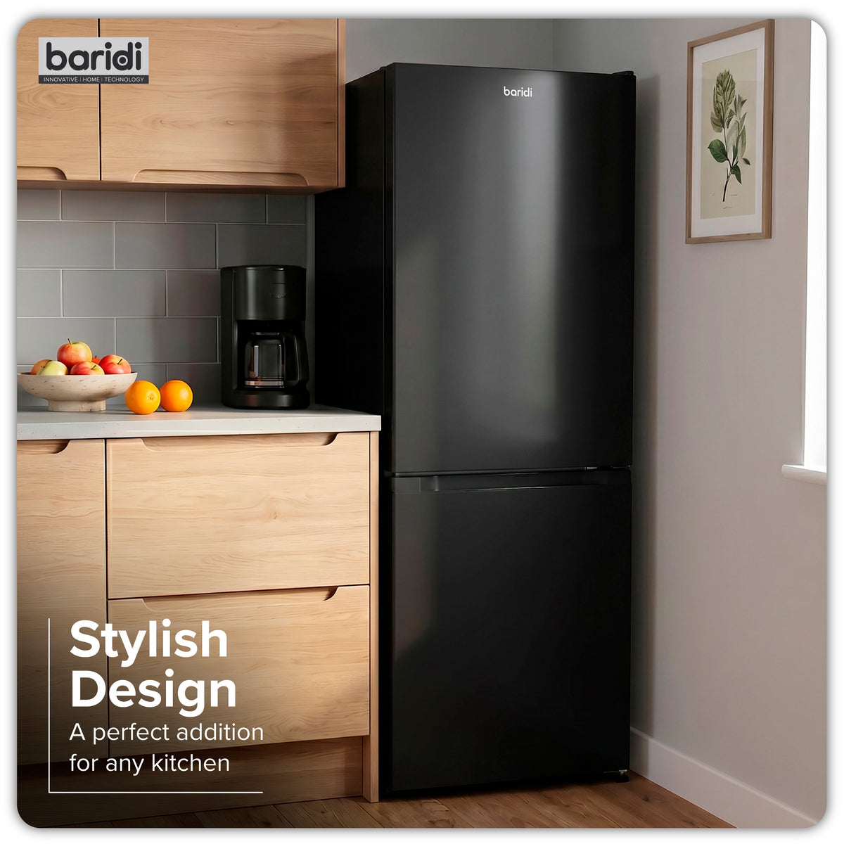 Baridi  60/40 Smart Frost Fridge Freezer, 227L Capacity, Black (DH327)